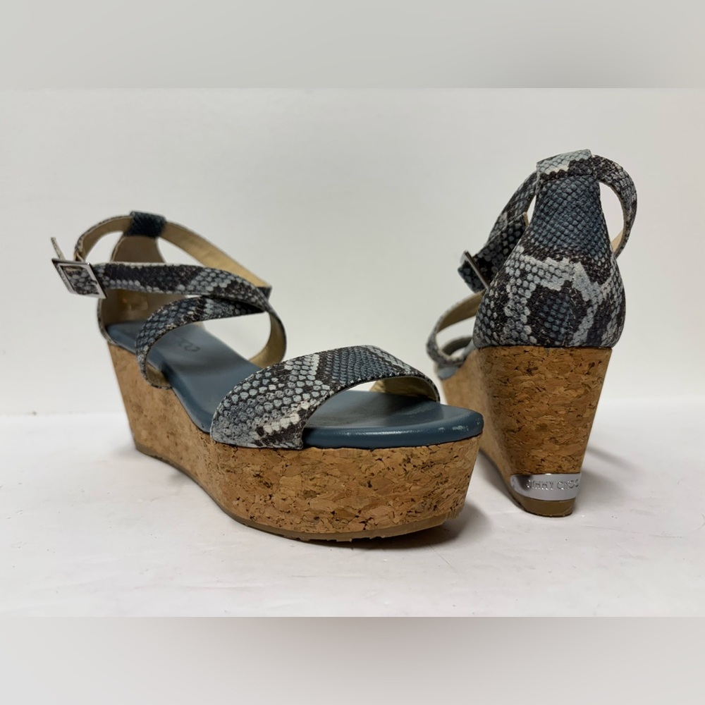 JIMMY CHOO Portia Dusk Blue Nubuck Snake Skin With Natural Cork Wedges Women 8.5